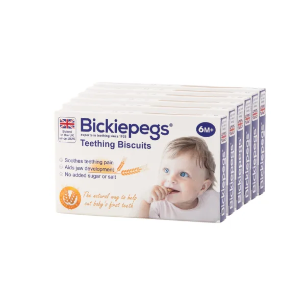 Bickiepegs Teething Biscuit, known as the wheat teether, promotes jaw development and relieves teething discomfort; this is the 6 pack version.