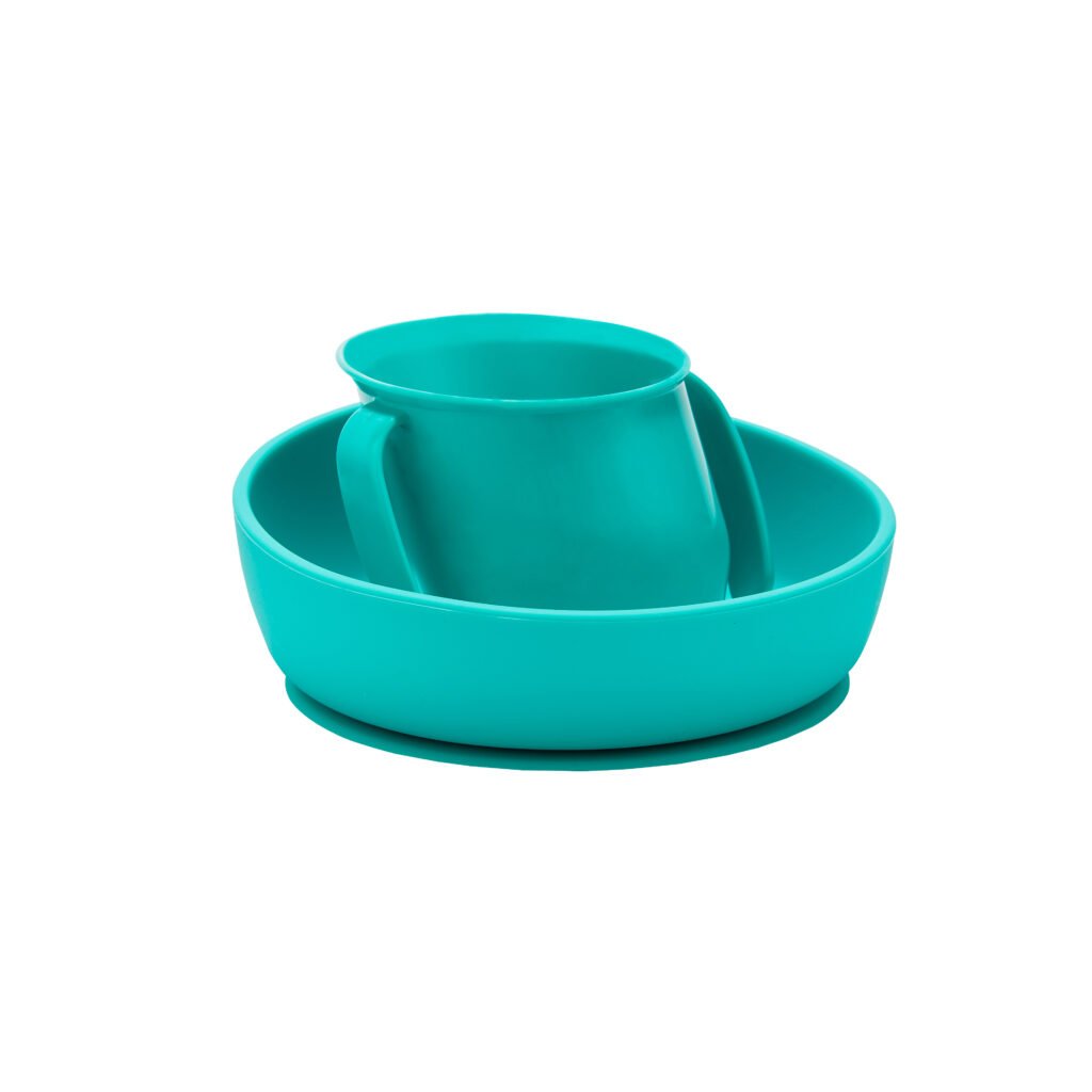 Doidy trainer cup and weaning baby bowl gift set in turquoise.