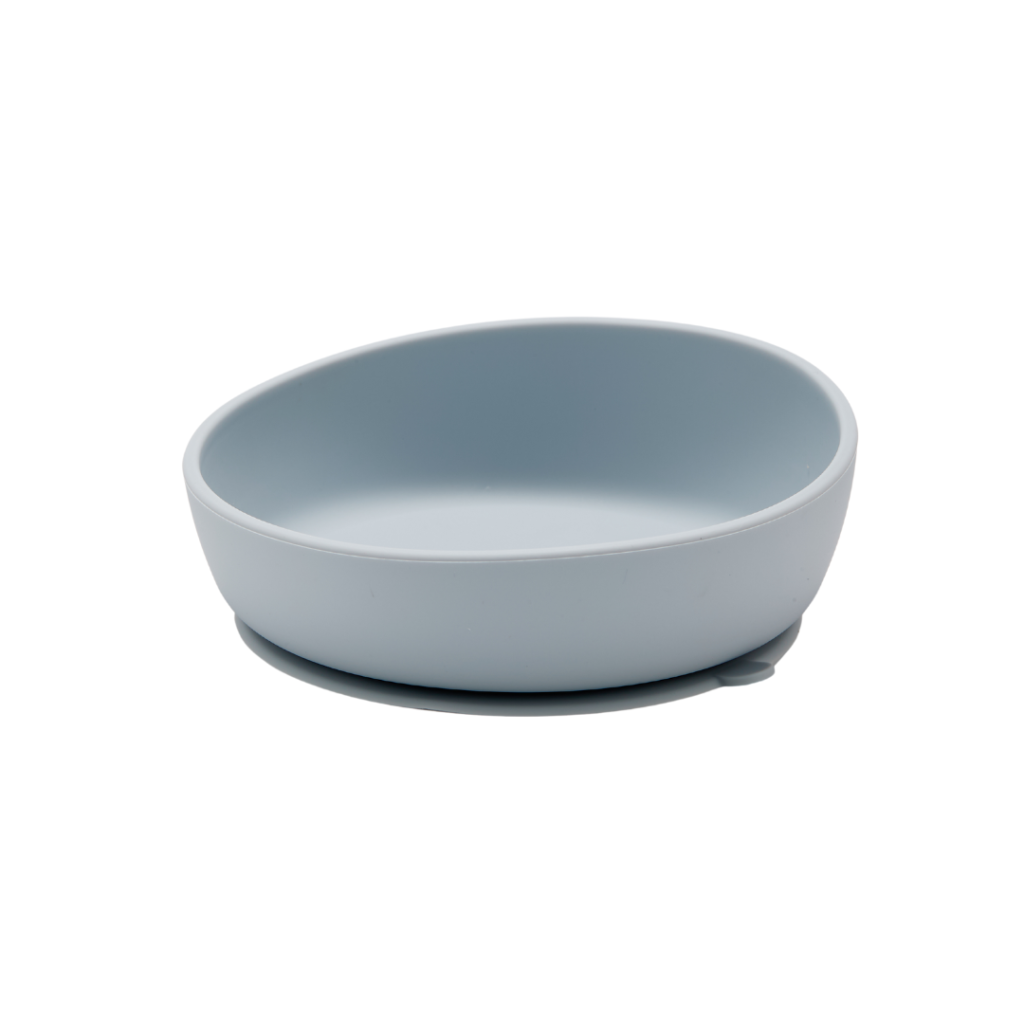 Doidy Weaning Bowl in grey, with slanted design and suction base for easy scooping and reduced spills during toddler's meal times.