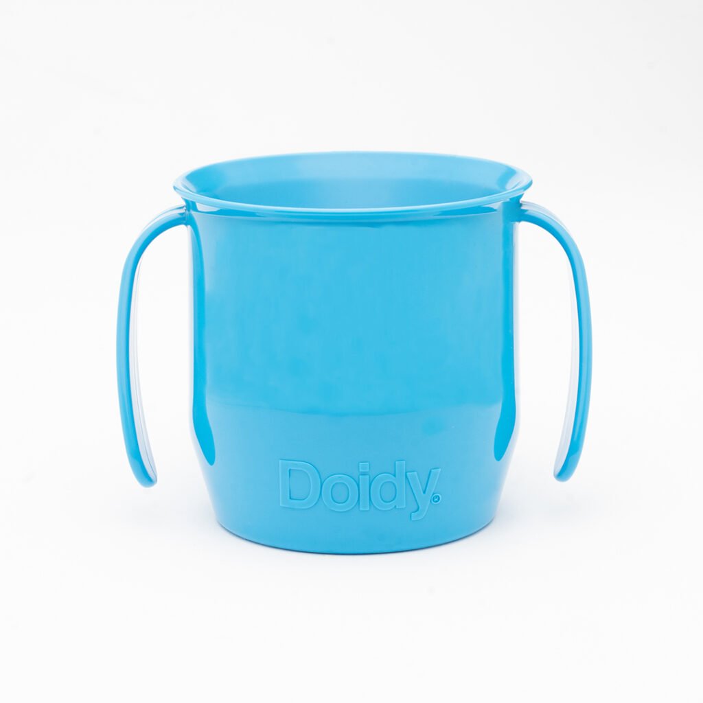 Doidy cup blue front view - trainer cup for babies 3 months+, free-flow and open design.