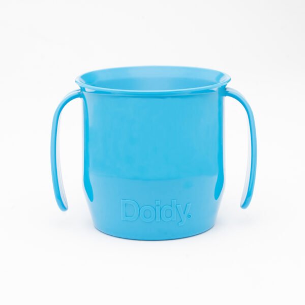 Doidy cup blue front view - trainer cup for babies 3 months+, free-flow and open design.