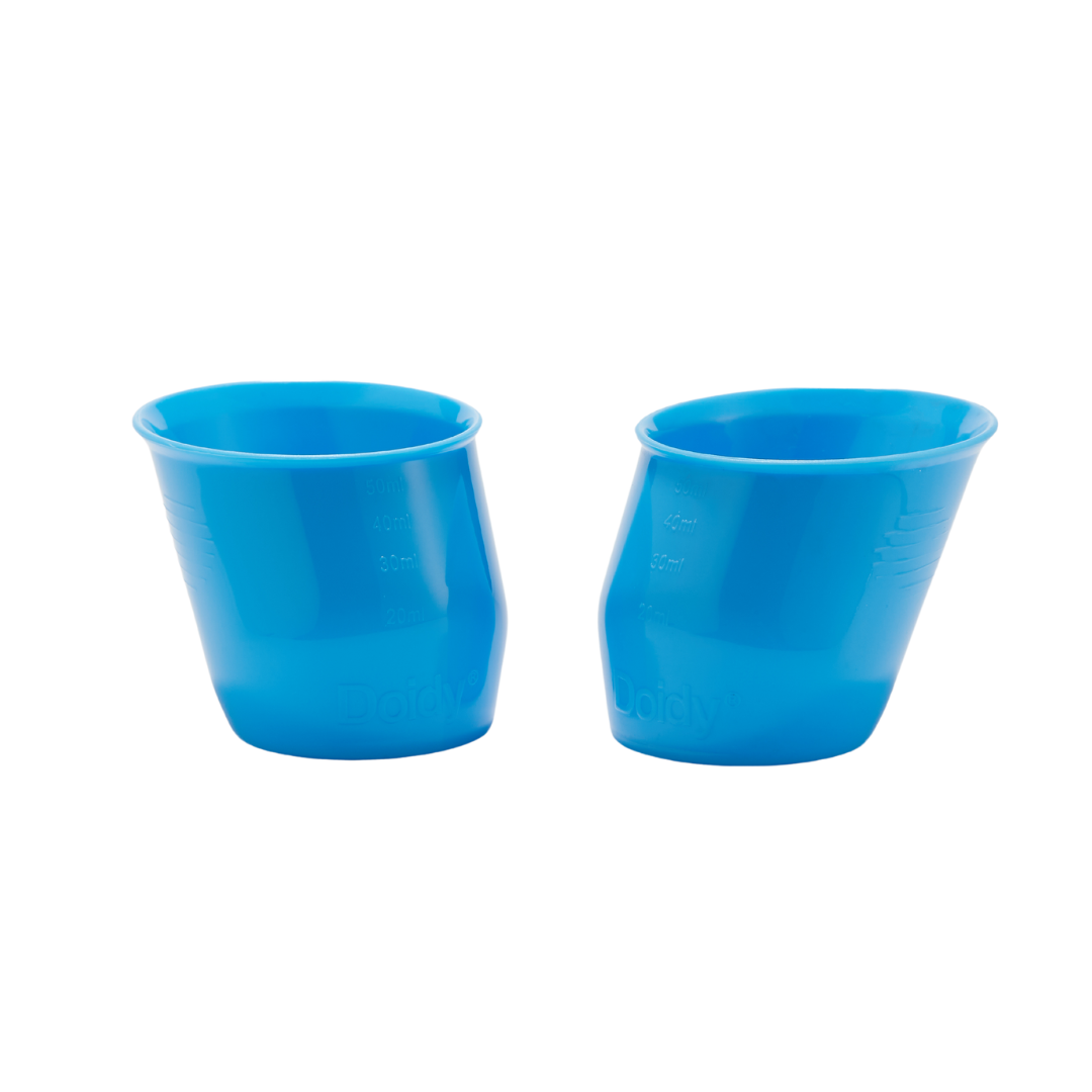 2 of Doidy Mini Cup in blue, with slanted design for precise feeding control and oral development for babies.