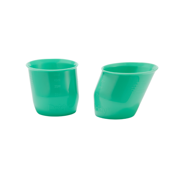 2 of Doidy Mini Cup in green, with slanted design for precise feeding control and oral development for babies.