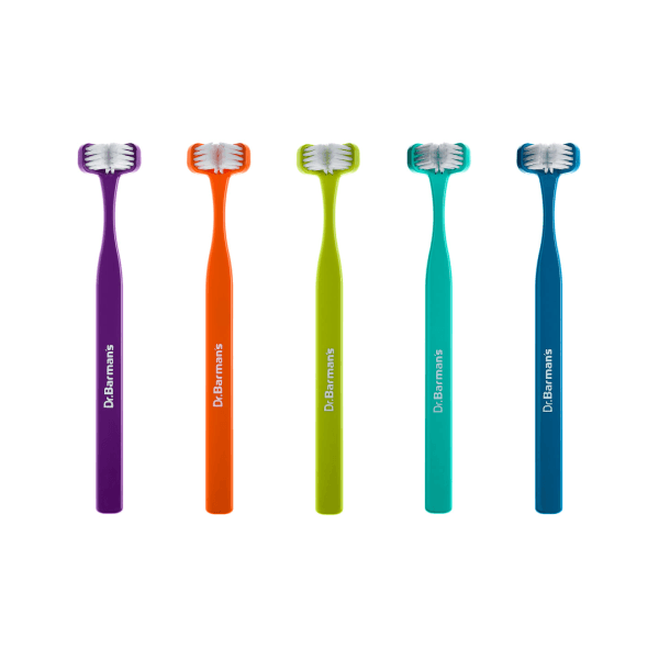 All 5 colours of Dr Barman's Superbrush - two-headed toothbrushes.