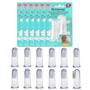 Six-pack Bickiepegs Finger Toothbrush with dual-sided design for teething gums and first teeth cleaning.