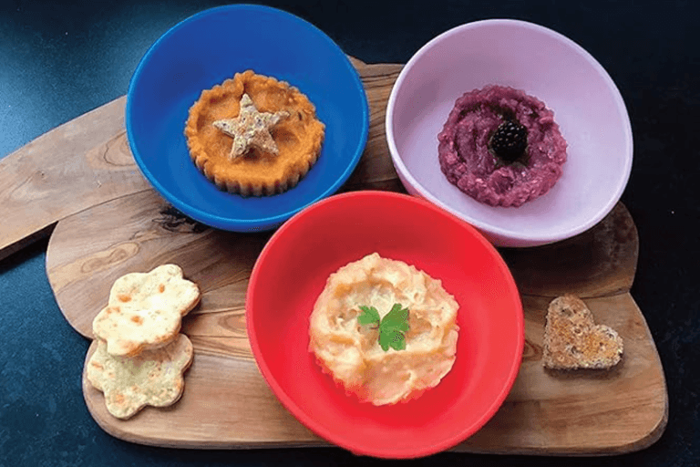 3 Doidy weaning bowls, with baby food inside each in forms of purees. Doidy bowl are great for teaching independent feeding and helps make weaning easier.