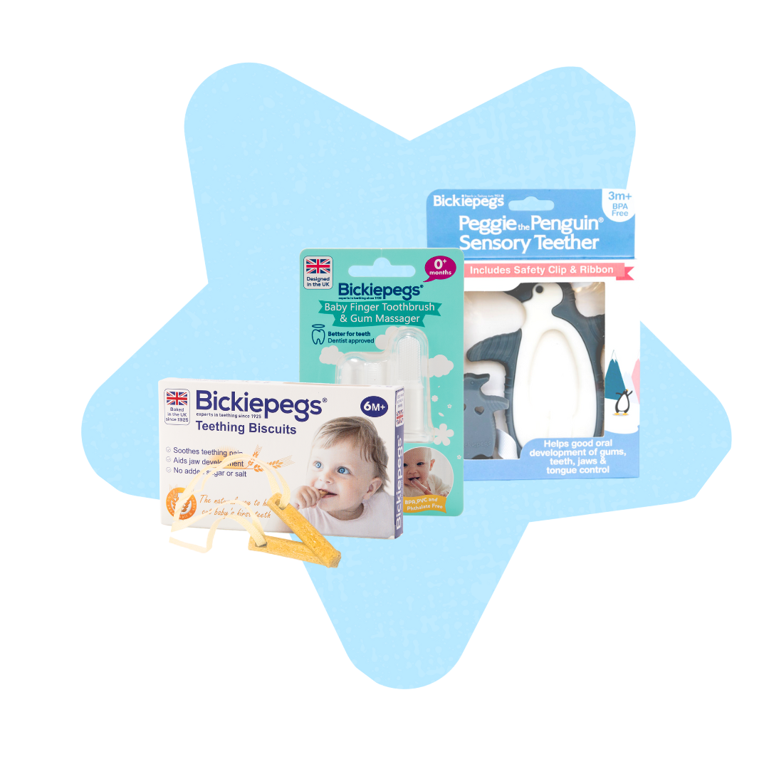 Bickiepegs teething sets - including teething biscuits, finger toothbrush and Peggie the teether.